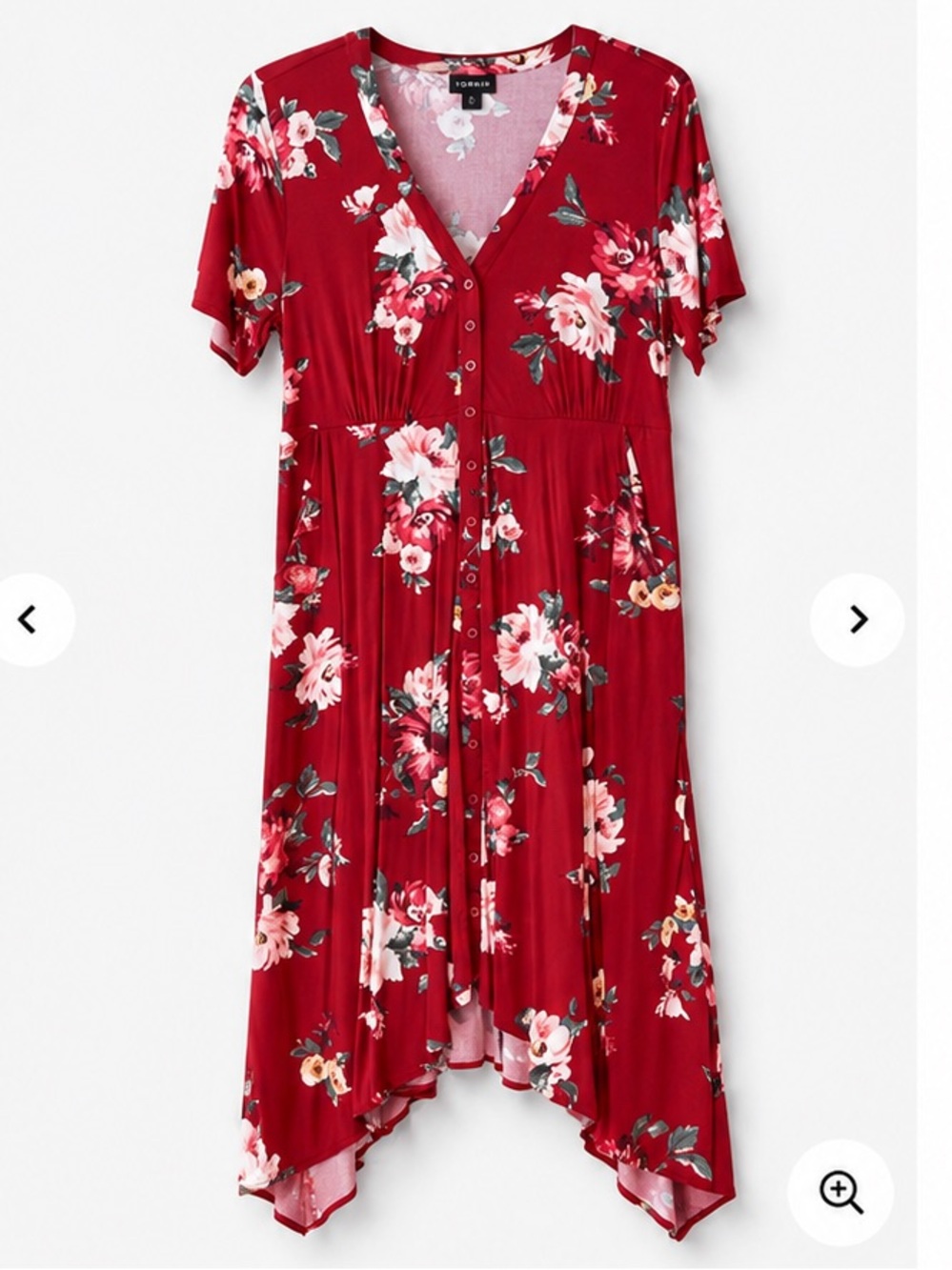 torrid Red Floral V-Neck Button Front Handkerchief-Hem Dress